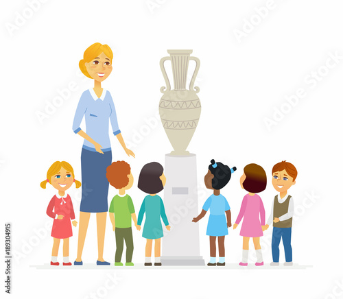 Children with teacher in museum - cartoon people characters isolated illustration