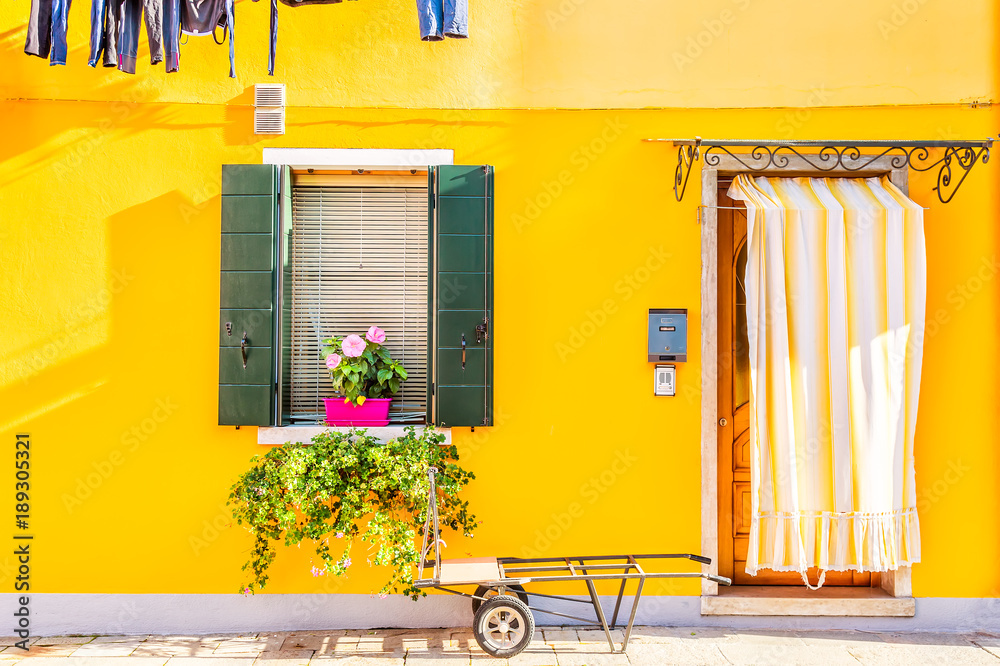 Fototapeta premium Żółty dom z kwiatami i roślinami. Kolorowe domy na wyspie Burano w pobliżu Wenecji, Włochy.