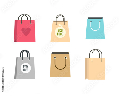 Shopping bag icon set, flat style
