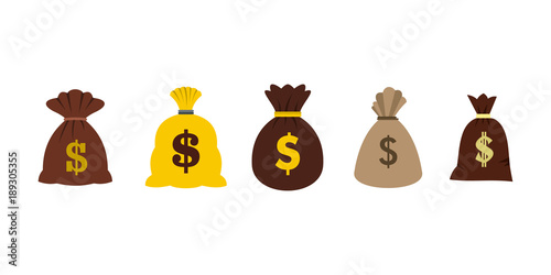 Money bag icon set, flat style