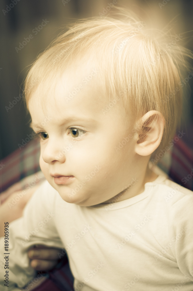 Portrait of a cute 2 year old boy wondering