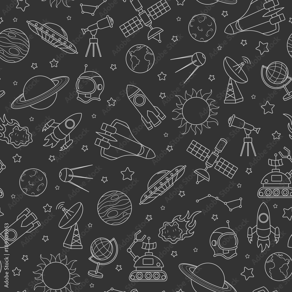 Seamless pattern on the theme of space and space flight, the white contour icons on dark background Seamless pattern on the theme of space and space flight, the white contour icons on dark background