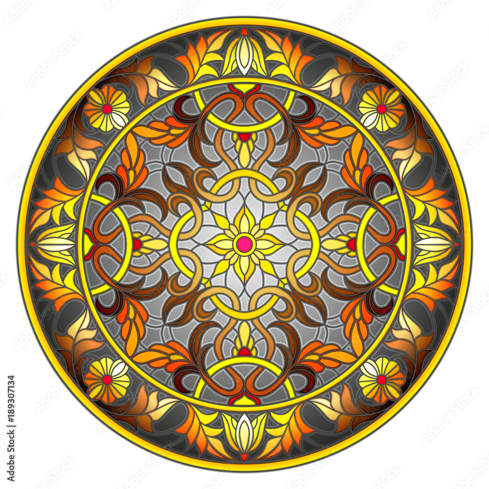 Illustration in stained glass style, round mirror image with floral ornaments and swirls on dark background 