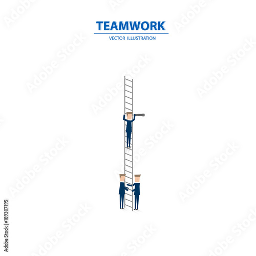 Business vision, leadership and teamwork concept vector background. Businessman standing on a ladder with monocular and helped by his team.
