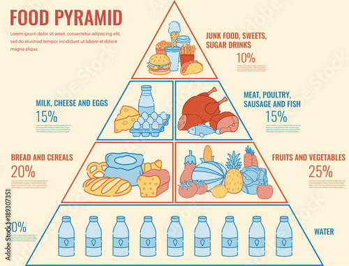 Food pyramid healthy eating infographic. Healthy lifestyle. Icons of products. Vector