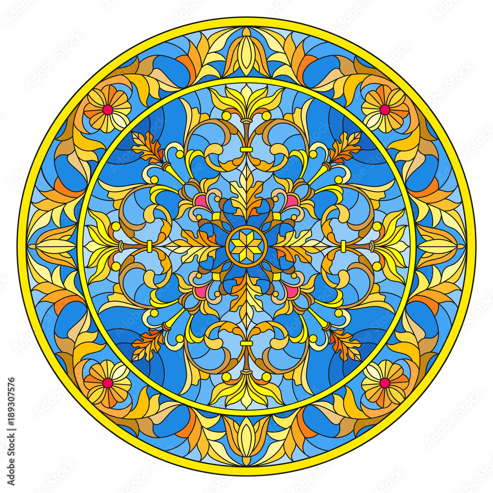 Illustration in stained glass style, round mirror image with floral ornaments and swirls on blue background Illustration in stained glass style, round mirror image with floral ornaments and swirls on blue background