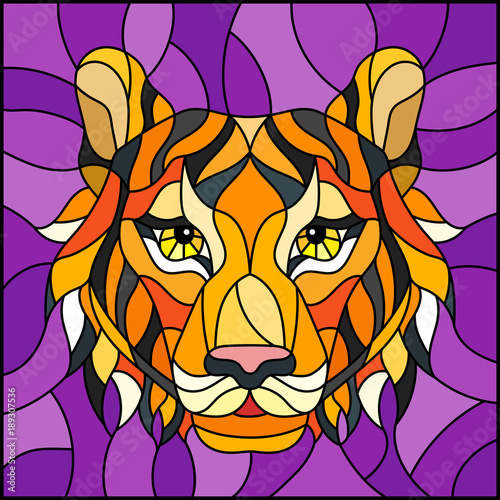 Fototapeta Naklejka Na Ścianę i Meble -  The illustration in stained glass style painting with a tiger head on a purple background , square image