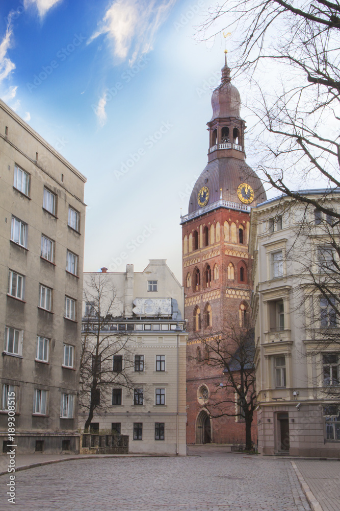 Beautiful view of the Dome Cathedral on streets of Riga, Latvia