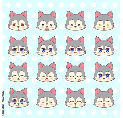 Emoticons, emoji, smiley set, colorful Sweet Kitty Little cute kawaii anime cartoon wolf, puppy l different emotions mascot sticker Happy, sad, angry, smile, kiss, love Children character vector. 