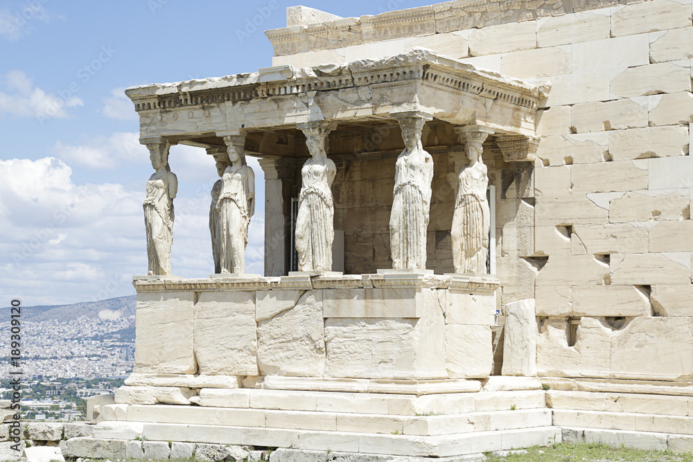 Ancient Erechtheion temple on Acropolis hill in Athens, Greece
