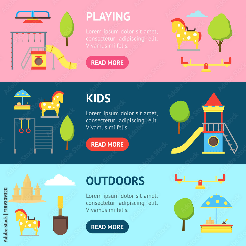 Fototapeta premium Cartoon Playground in City and Element Banner Horizontal Set. Vector