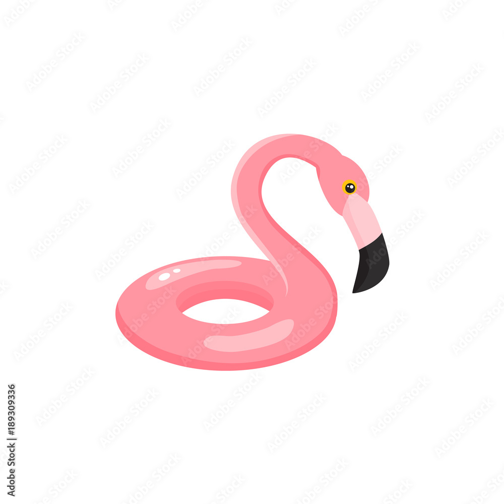 Fototapeta Vector flat summer symbol - pink flamingo bird inflatable swimming pool ring icon. Isolated illustration on white background for beach party advertising poster.