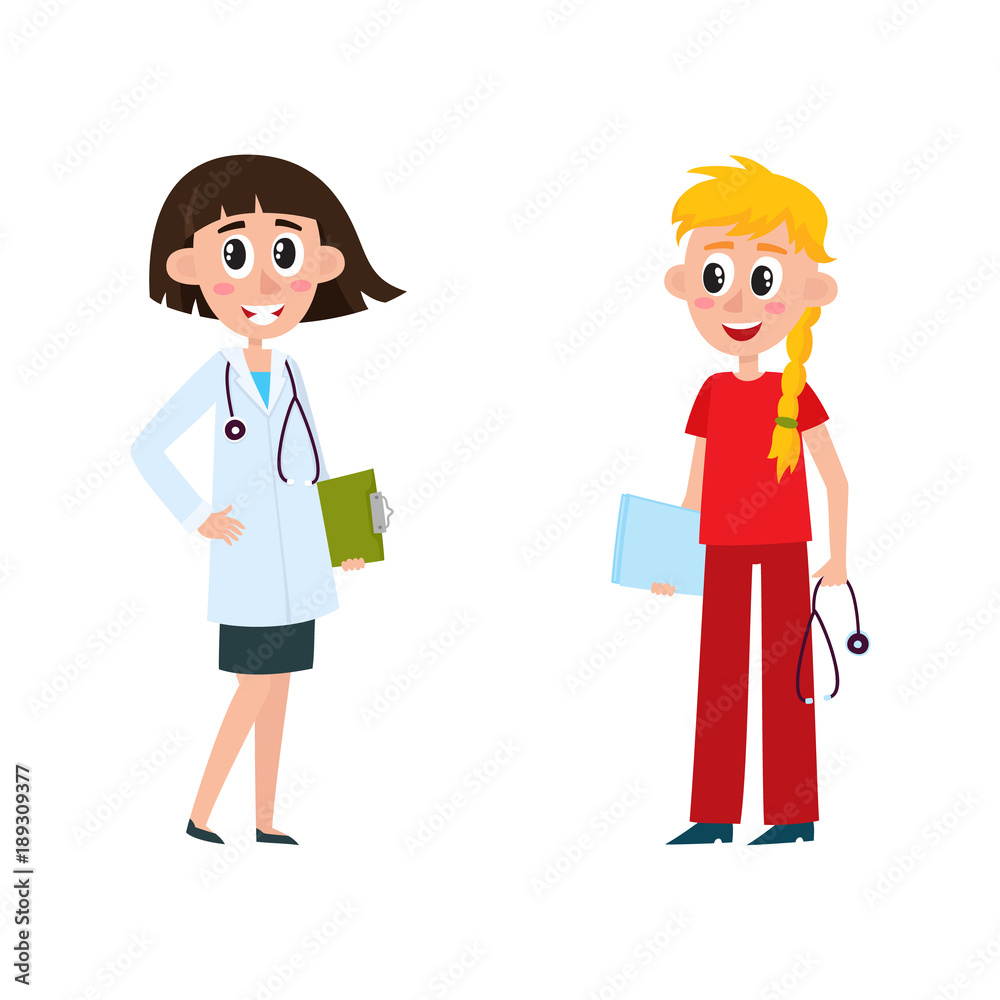 vector flat cartoon adult female blonde and brunette doctor and nurse in medical clothing holding clipboard, stethoscope smiling set. Isolated illustration on a white background.