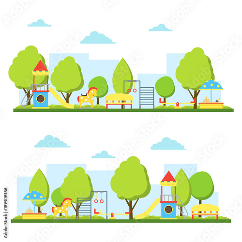 Cartoon Playground in City Landscape Set. Vector