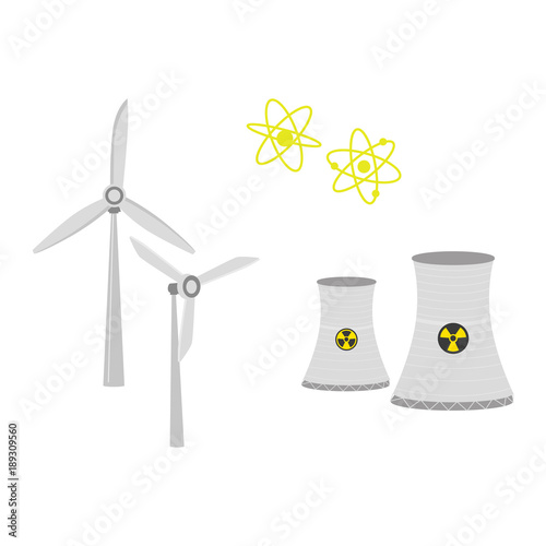 Nuclear power plant chimney shafts and windmills, renewable and non-renewable energy sources, flat vector illustration isolated on white background. Nuclear and wind energy, power generation