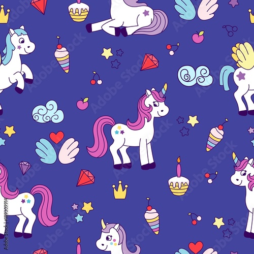 Unicorn seamless pattern.Pretty pony for little girls with different fairy tale's elements. Cute illustration.