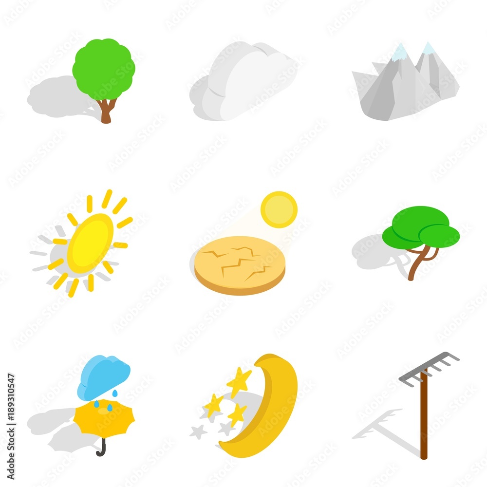 Sunny forest icons set, isometric style