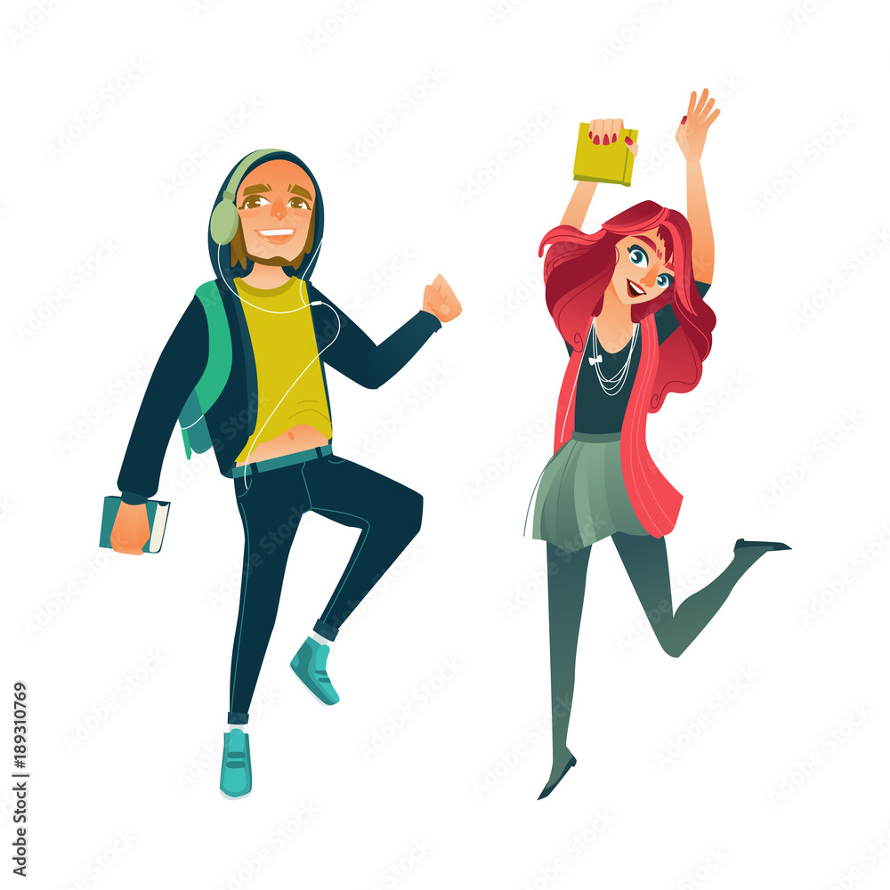 Vector cartoon young happy teen student girl, man in headphones jumping  with books, University college cute female, male characters in modern  casual outfit jeans colored hair. Isolated illustration Stock Vector | Adobe