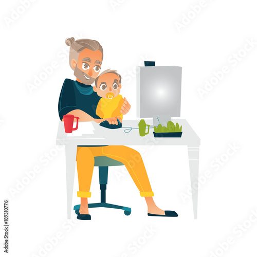 Vector cartoon people working from home, remote, freelance work . Adult man sitting at workplace typing at desktop keyboard with baby child with nipple at knees. Isolated illustration