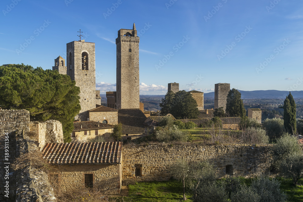 Amazing view of San Gimignano from the castle ruins, Siena, Tuscany, Italy