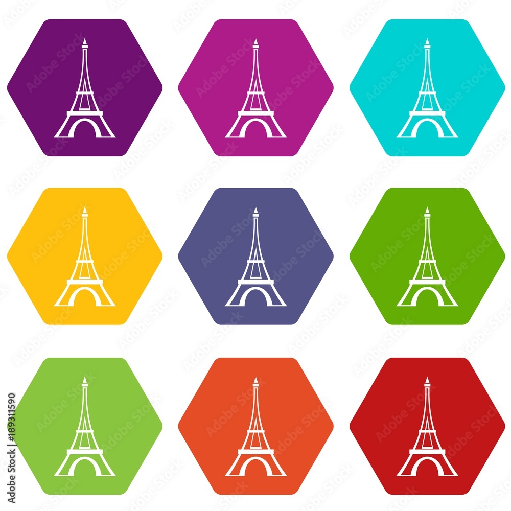 Eiffel tower icon set color hexahedron Eiffel tower icon set color hexahedron