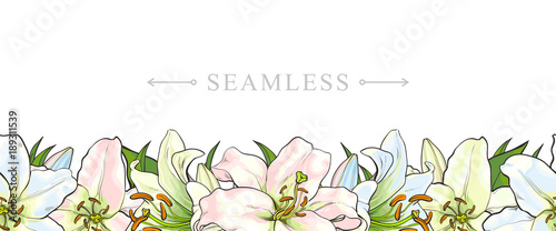 Endless, seamless border made by light blue, pink and yellow lily flowers, sketch, hand drawn vector illustration isolated on white background. Banner with endless border of hand-drawn lily flowers