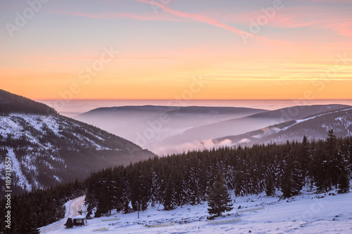 Beautiful winter sunset in the Giant mountains, Czech Republic