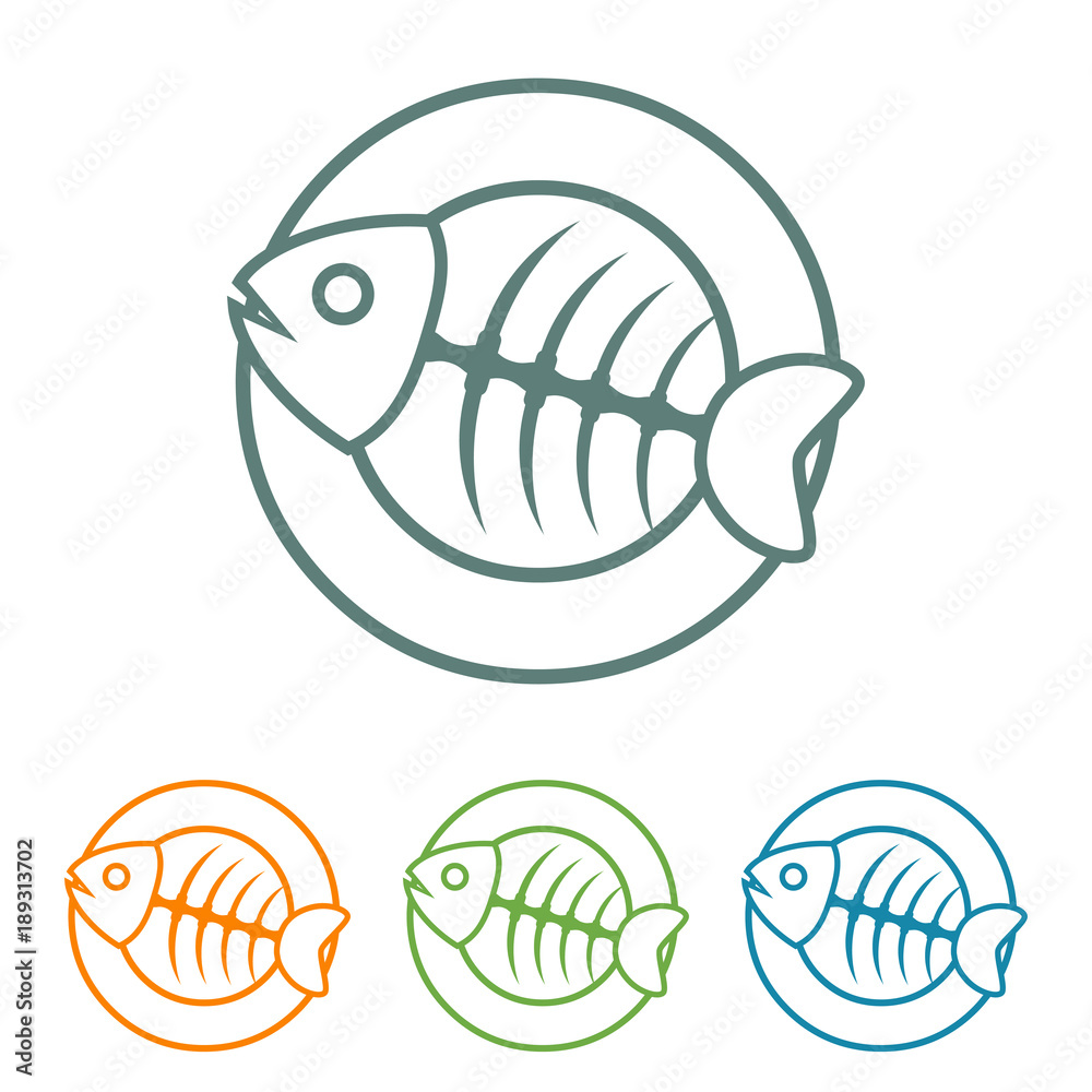 Logotipo trazo espina de pescado en plato en varios colores
