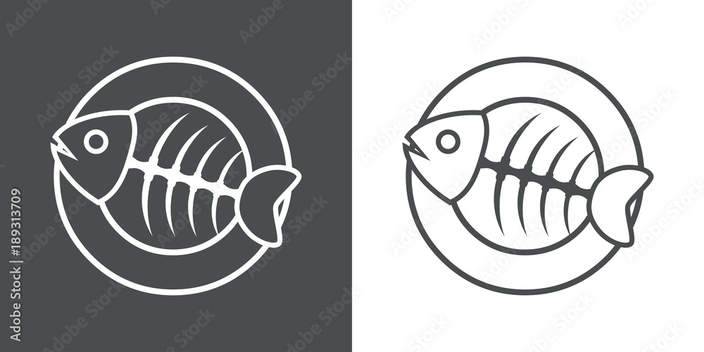 Logotipo trazo espina de pescado en plato gris y blanco