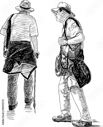 sketch of the elderly men on a stroll