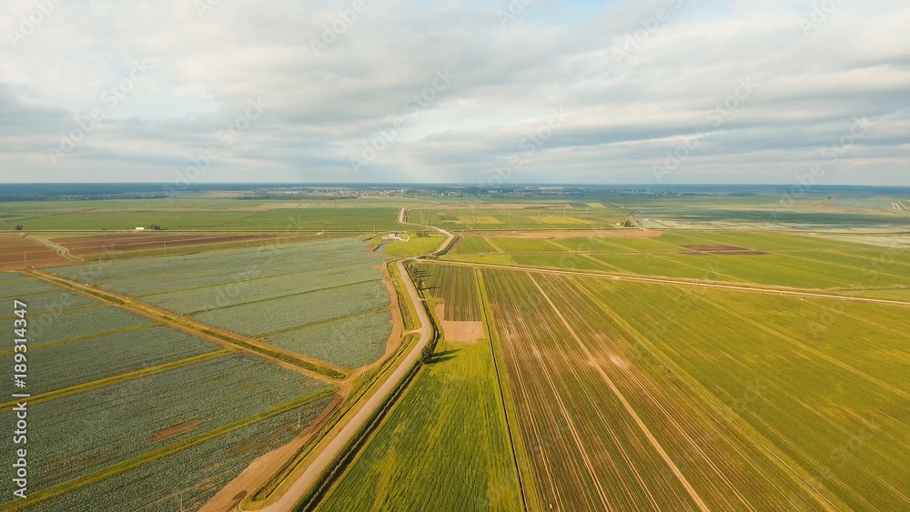 Aerial view of agricultural, cultivated fields. Agricultural landscape.Irrigated farmland