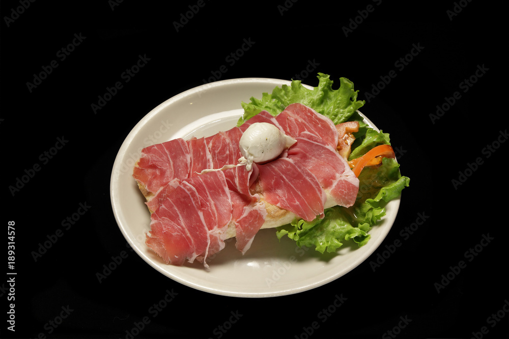 bruschetta bread with raw parma ham and mozzarella bruschetta bread with raw parma ham and mozzarella
