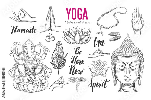 Yoga set. Vector Isolated hand drawn objects. Spiritual Symbols of Buddhism, Hinduism. Tattoo design , yoga logo, boho print, poster. Inspirational calligraphy, lettering