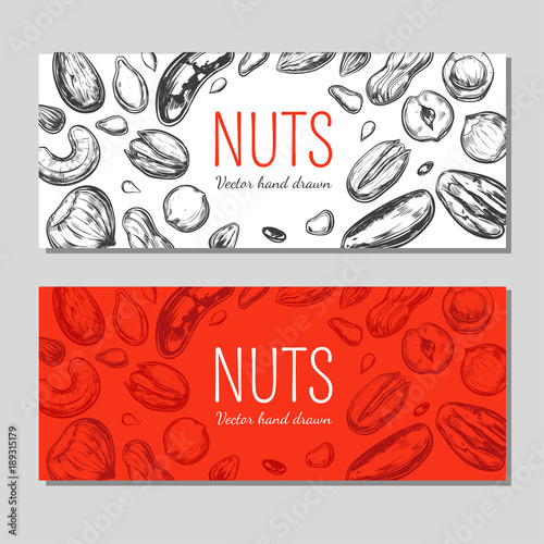 Nuts and seeds banners. Vector Hand drawn objects . Isolated on white. Modern brushpen Calligraphy. Design Template