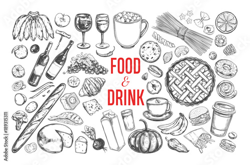 Food and Drink vector big set. Isolated objects in sketch style.