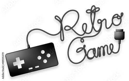 Gamepad or joypad black color and Retro Game text made from cable design illustration isolated on white background, with copy space