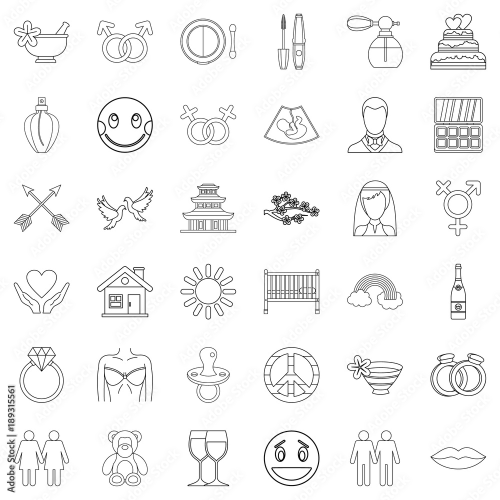 Love affair icons set, outline style