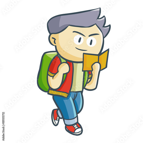 Cool and cute college student walking and reading - vector. © ogieurvil