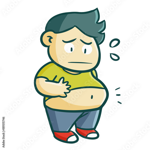 Funny and cute fat man looking at his belly - vector.