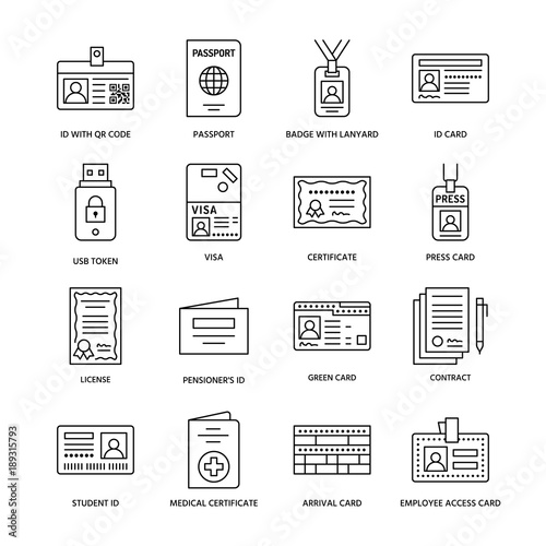Documents, identity vector flat line icons. ID cards, passport, press access student pass, visa, migration certificate, token, legal contract illustration. Notarial office signs.