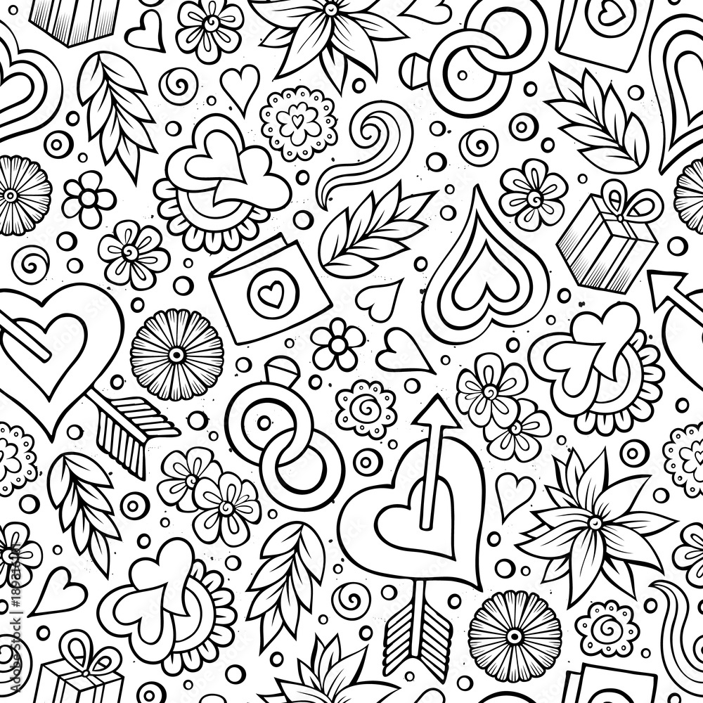 Naklejka premium Cartoon cute hand drawn Valentine's Day seamless pattern