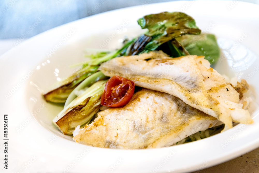 grilled seafood and vegetables-french cuisine dish with many vegetables grilled seafood and vegetables-french cuisine dish with many vegetables