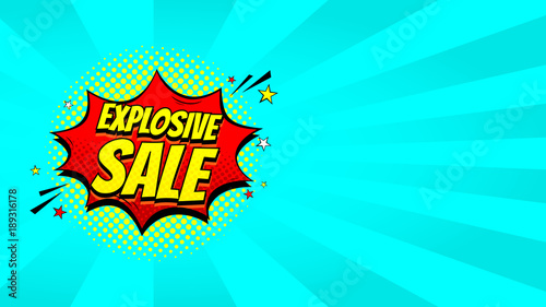 Pop art sale discount promotion web banner. Decorative blue background with explosive speech bubbles. Vector illustration with advertizing offer.