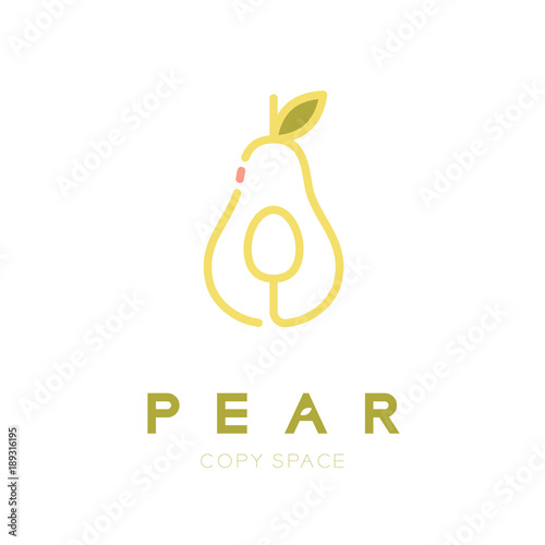 Pear fruit with spoon logo icon outline stroke set design illustration isolated on white background with Pear text and copy space, vector eps10