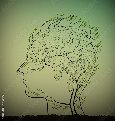 man brain looks like tree with green branches, herbal medicine against brain disease, plant icon concept,