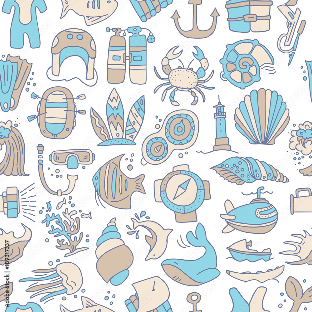 Naklejka premium Diving hand draw cartoon seamless pattern. Diving and water sport and adventure repeatable background with diving and scuba equipment, sea life, animals and cartoon vector elements. Diving seamless
