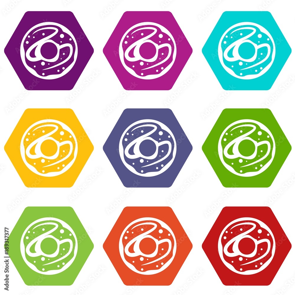 Glazed donut icon set color hexahedron Glazed donut icon set color hexahedron