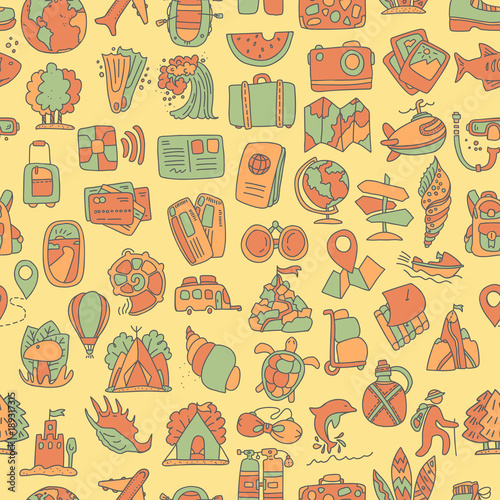 Travel and summer seamless pattern  journey and trip background. Adventure time pattern in hand draw style  vector sketch elements on repeatable pattern
