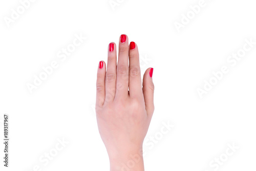 Photo woman hand with red nails isolate on white background
