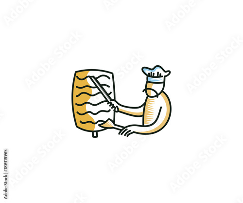 Chef cutting  doner kebab of meat cooked on a vertical rotisserie. Traditional Turkish dish vector design. Fast food illustration